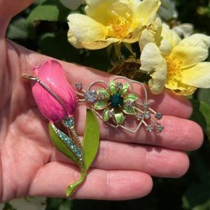 ❤️❤️ Pink Enamel Tulip Rhinestone Brooch & Double Heart Flower Brooch